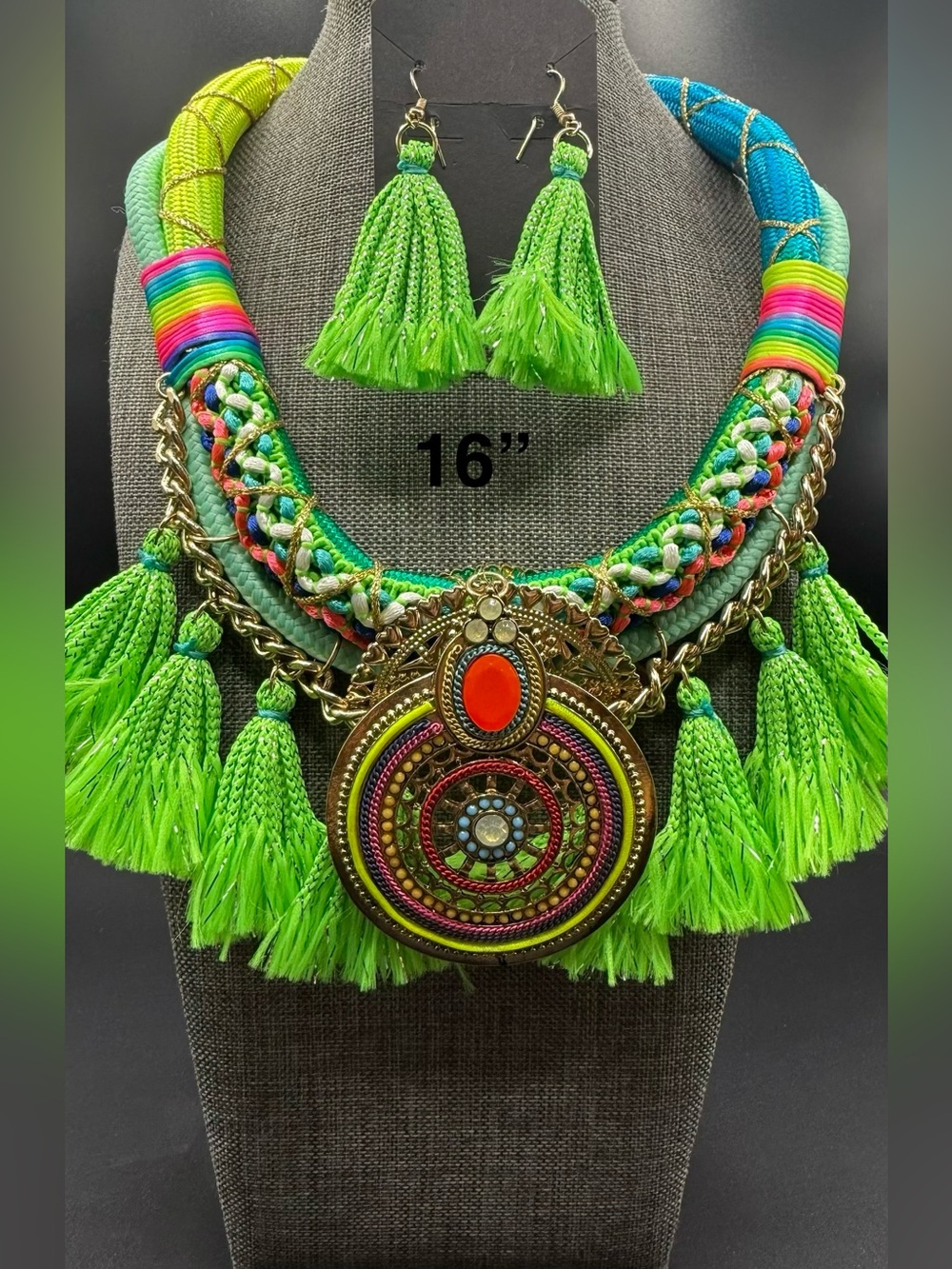 Boho Neon Green Tassel Statement Necklace with Earrings